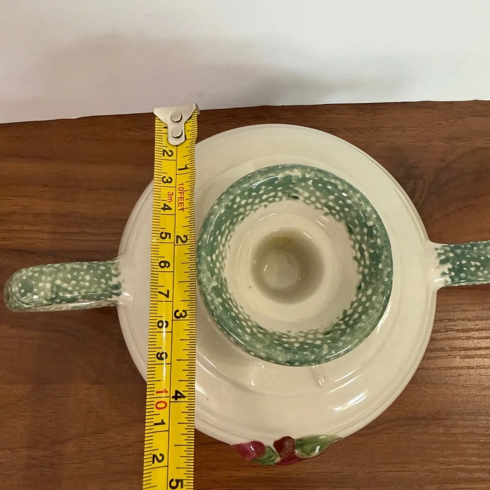 Ceramic Apple Taper Candle Holder Double Handle Farmhouse Green Cream Cottage